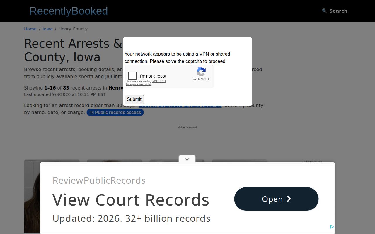 RecentlyBooked Henry County page two showing unofficial multi-day pagination